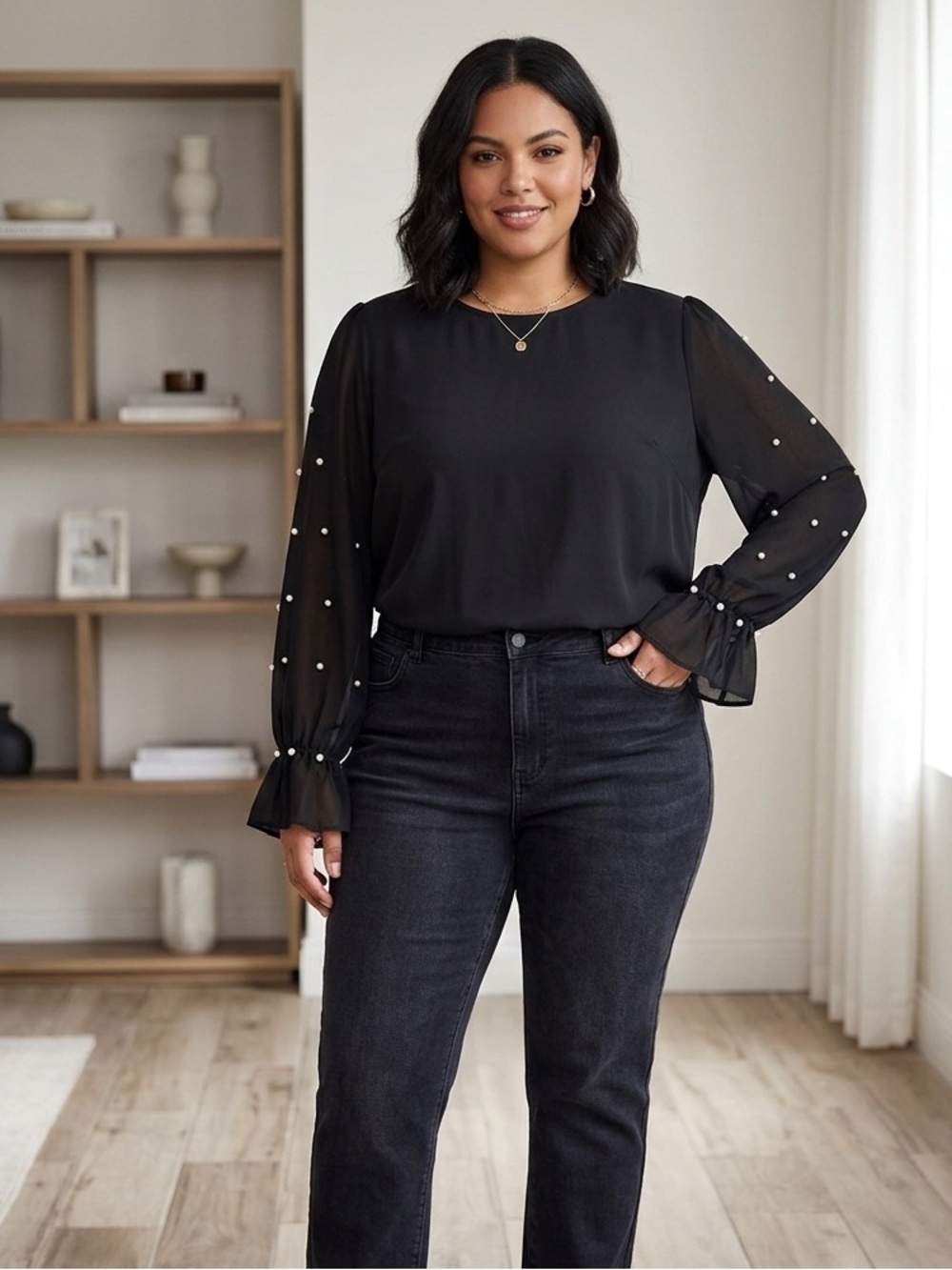 SHEIN Black Long Sleeve Pearl-Accent Blouse
